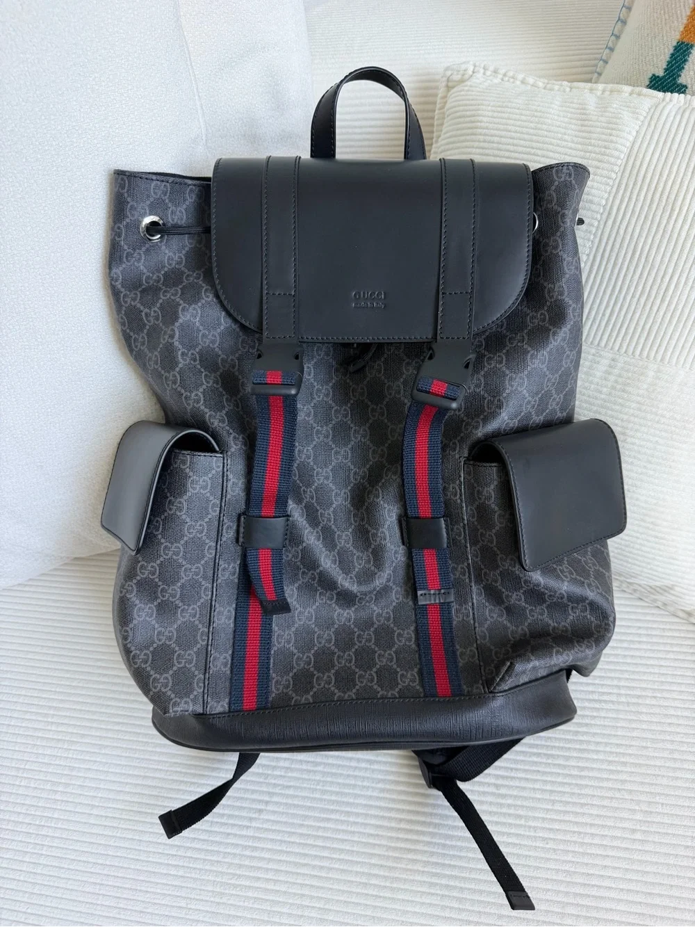 Gucci Black GG Canvas Backpack with Red-Blue Webbing never used